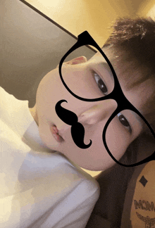 a boy wearing glasses and a fake mustache has a mcm logo on his shirt