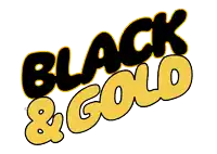 a black and yellow logo that says " black & gold "