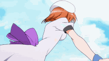 a girl in a white dress with a purple bow on the back is flying in the air