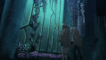 a painting of a person standing in a dark room with purple flowers hanging from the ceiling
