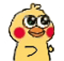 a yellow cartoon chicken with big eyes and red cheeks is looking at the camera .