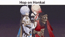 a couple of anime characters are standing next to each other holding hands .