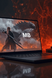 a laptop with a picture of a woman fighting a dragon on the screen