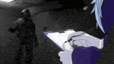 a person is writing on a clipboard while a robot is standing in the background