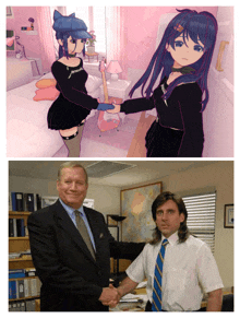 a man in a suit and tie shakes hands with a girl in an anime