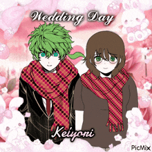 a couple of anime characters standing next to each other with the words wedding day written on the bottom