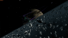 a computer screen shows a space scene with a planet and asteroids and a time of 21:48:52