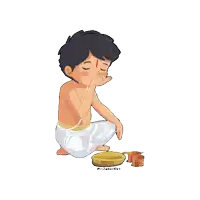 a cartoon of a boy kneeling down with a bowl of food in front of him