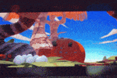 a computer screen shows a cartoon scene with eggs and a pumpkin