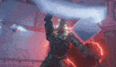 a video game character is holding a sword and shield in a dark room .