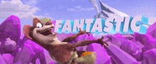 a cartoon character is laying on a rock with the word fantastic above him