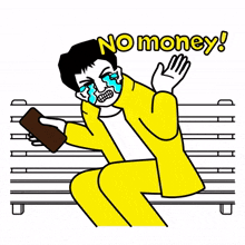 bench man yellow suit broke no money