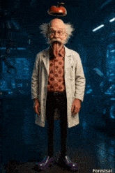 a cartoon scientist with an apple on his head