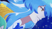 a close up of a person with blue hair and yellow eyes