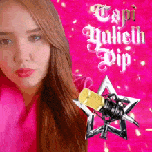 a woman with long hair is standing next to a microphone and the words tapi julieth vip are on a pink background