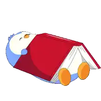 a penguin is sleeping on a red book