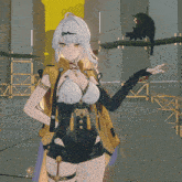 a girl in a yellow and black outfit is holding a black object