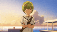 a girl with green hair is standing with her arms crossed in front of the ocean