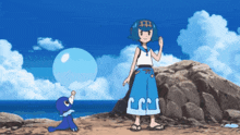 a cartoon drawing of a girl blowing a blue bubble
