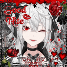 a picture of a girl with red eyes and the words good nite