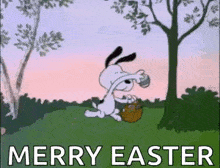 a cartoon of snoopy holding a basket of eggs in a field with the words `` merry easter '' .