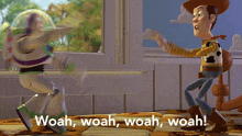 buzz lightyear and woody from toy story are fighting with the words woah woah woah woah on the bottom