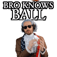 a man wearing headphones is holding a basketball in front of a sign that says " broke news ball "