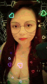a woman wearing glasses and a cat mask with hearts around her face