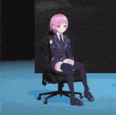 a pink haired anime girl is sitting in a chair