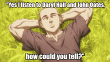 a man is laying in the grass with his hands behind his head and the words " yes i listen to daryl hall and john oates "