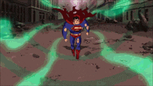 a cartoon drawing of superman running down a street