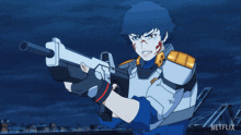 a cartoon character is holding a gun with netflix written on the bottom