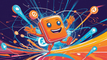 a cartoon illustration of an orange square with a smiling face and arms