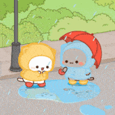 two cartoon characters in raincoats are standing in a puddle holding an umbrella