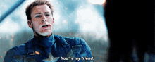 a man in a captain america uniform is talking to another man and says " you 're my friend "