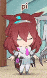 a cartoon girl with red hair and ears is standing next to a horse .