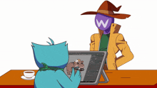 a cartoon character with a w on his head is sitting at a table with another character