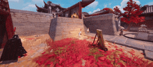 a video game scene with red leaves on the ground and a building in the background