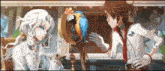 a boy and a girl are standing next to each other with a parrot on their arms .
