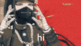 a cartoon character wearing a mask and chains says hi