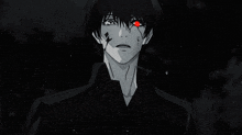 a black and white drawing of a person with a red eye