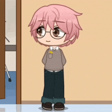 a cartoon character with pink hair and glasses is waving