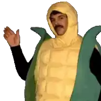 a man in a corn on the cob costume is waving his hand