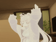 a cartoon character with long white hair is dancing with her hands in the air