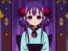 a girl with purple hair and red flowers in her hair is smiling