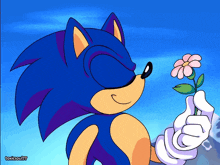 a cartoon drawing of sonic the hedgehog holding a pink flower