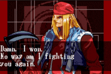 a pixel art of a man holding a scythe with the words " damn i won "
