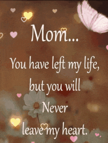 a picture of a butterfly and flowers with a quote that says mom you have left my life but you will never leave my heart