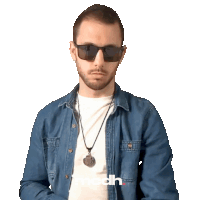 a man wearing sunglasses and a denim shirt with the word mcdh on the bottom