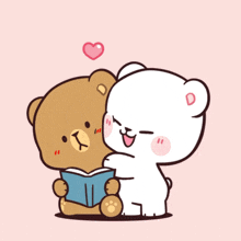 a brown and white teddy bear are hugging each other